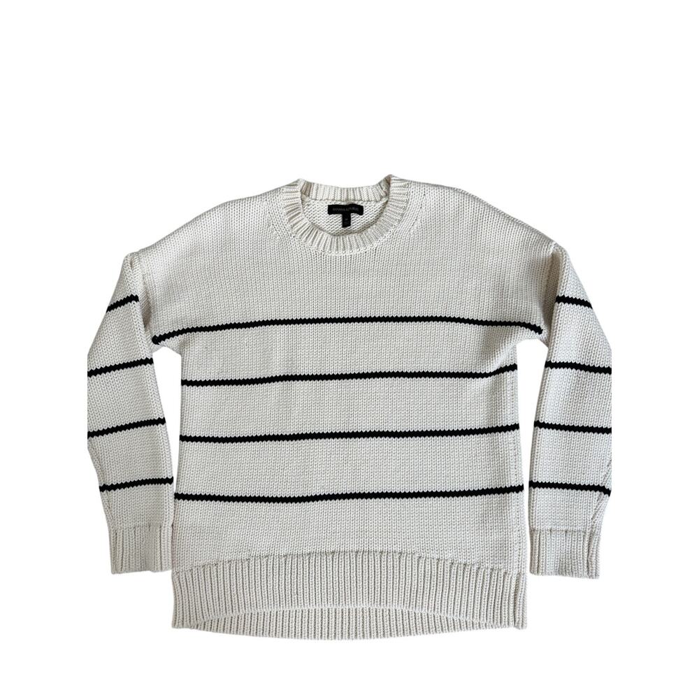 Banana Republic Heavyweight Striped Shaker Knit Crewneck Sweater Ivory Black